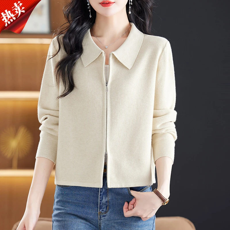 【原版正品】羊毛衫女小个子毛衣外套春秋外搭翻领短款拉链针织开衫