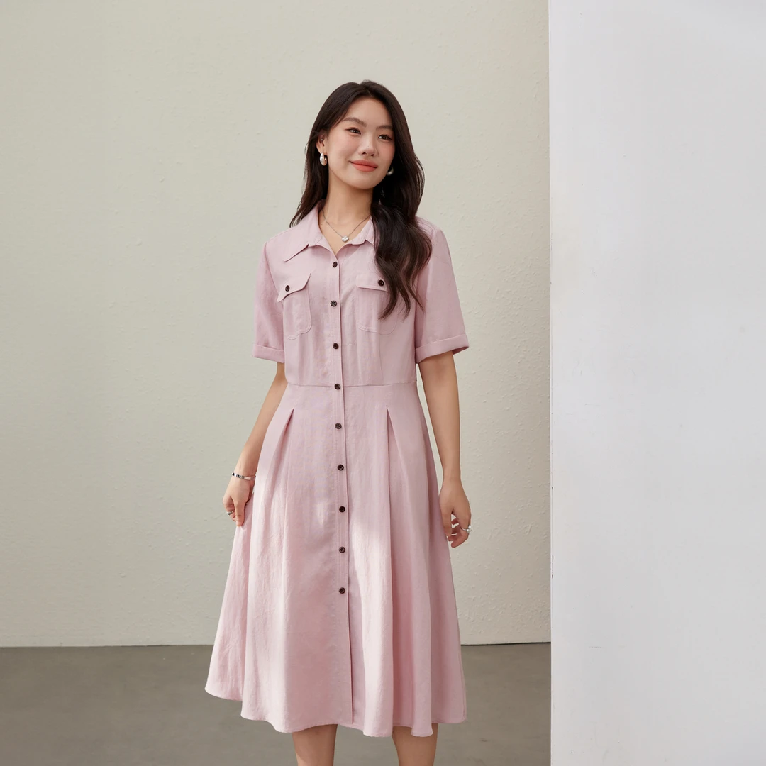 【简约纯色】纤莉秀新款大码女装显瘦百搭短袖连衣裙夏季新款QK2567