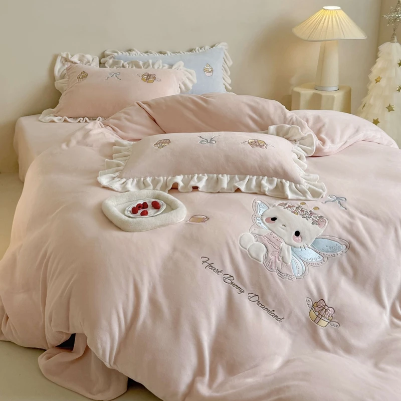 公主风冬季加厚A类高克重牛奶绒贴布绣四件套可爱花边保暖三件套