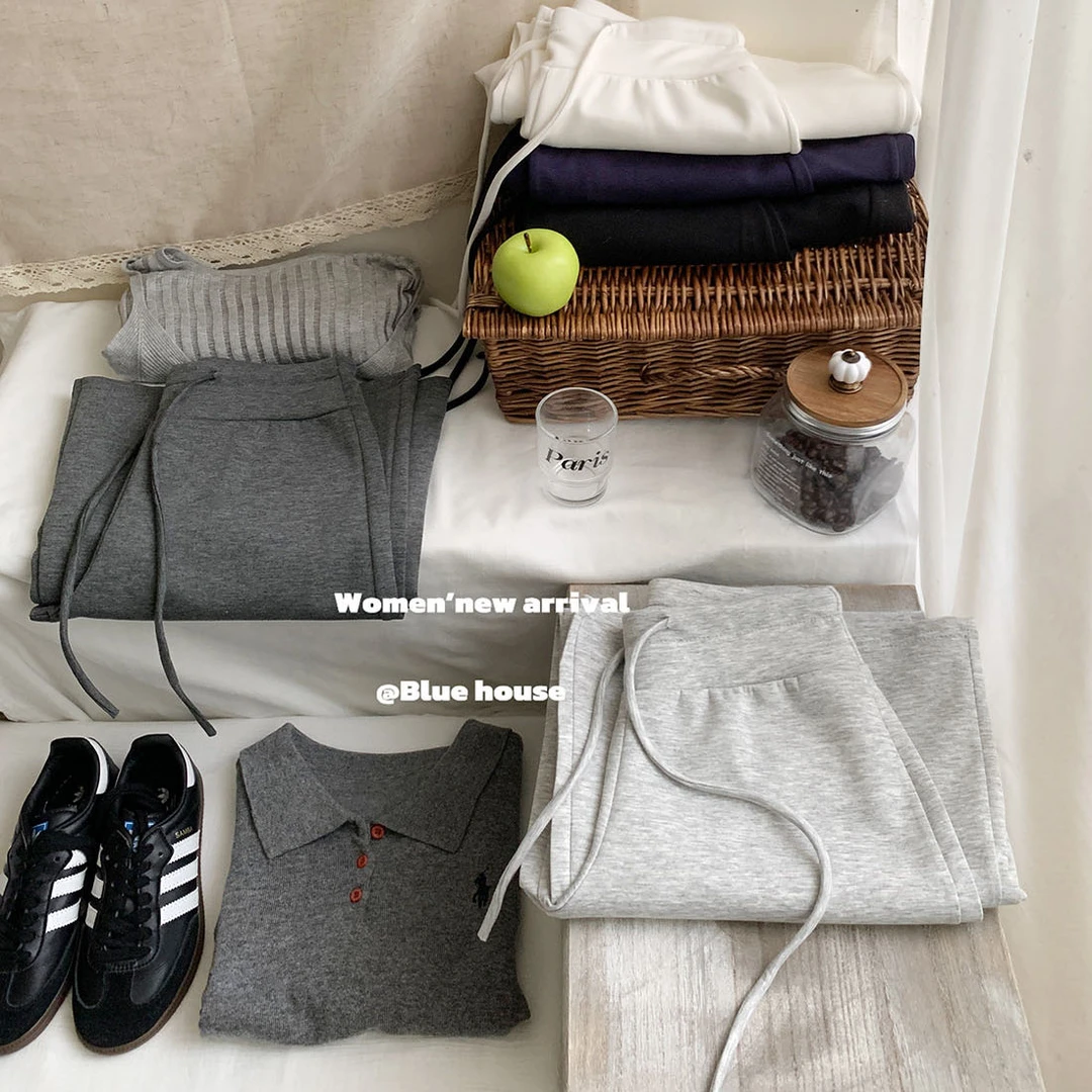 宽腰头抽绳系带灰色云朵运动休闲卫裤女秋慵懒松弛范垂感拖长裤