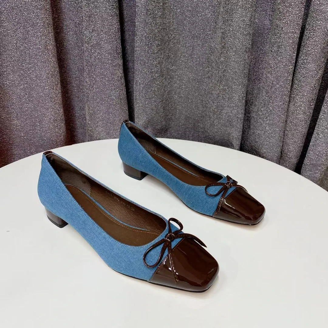 C3325 巧克力色 高端时尚方头气质粗跟浅口女单鞋