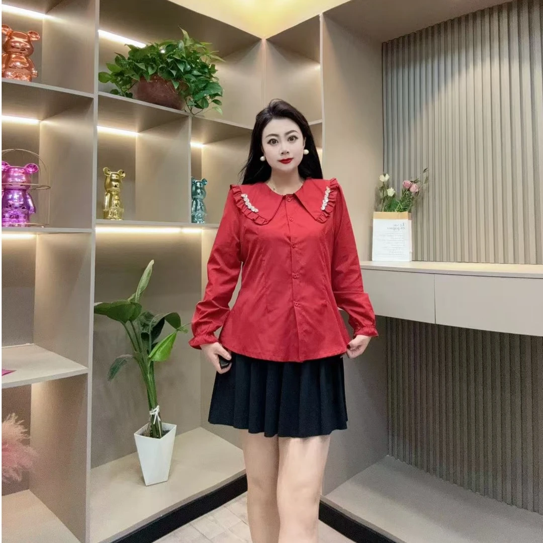 春季洋气衬衫-鸿 9613时尚娃娃领亮闪显瘦百搭款胖MM大码女装新款