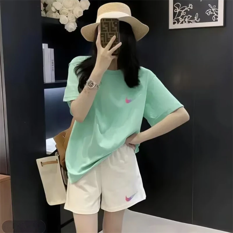 奥特莱斯官方正品夏季套装情侣运动短裤两件ins短袖t恤女宽松纯棉