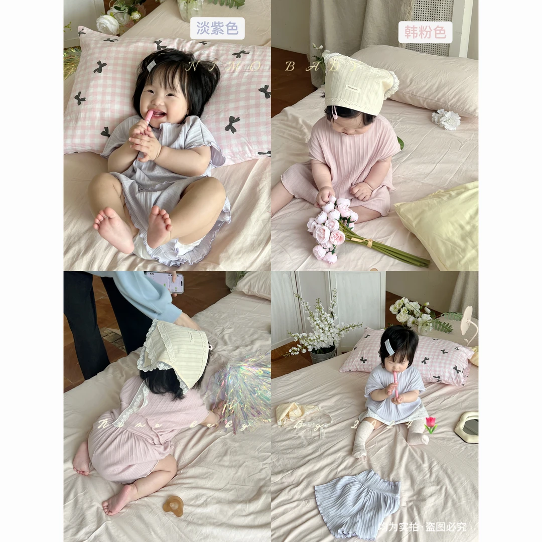 NEMO【糯糯】韩版夏女宝宝纯色坑条拷边弹力洋气居家服外穿款套装