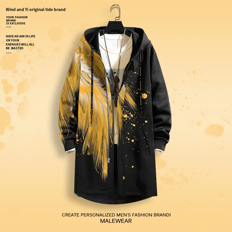 冬季新款风衣男士宽松中长款连帽外套欧美风翅膀印花加厚大码大衣