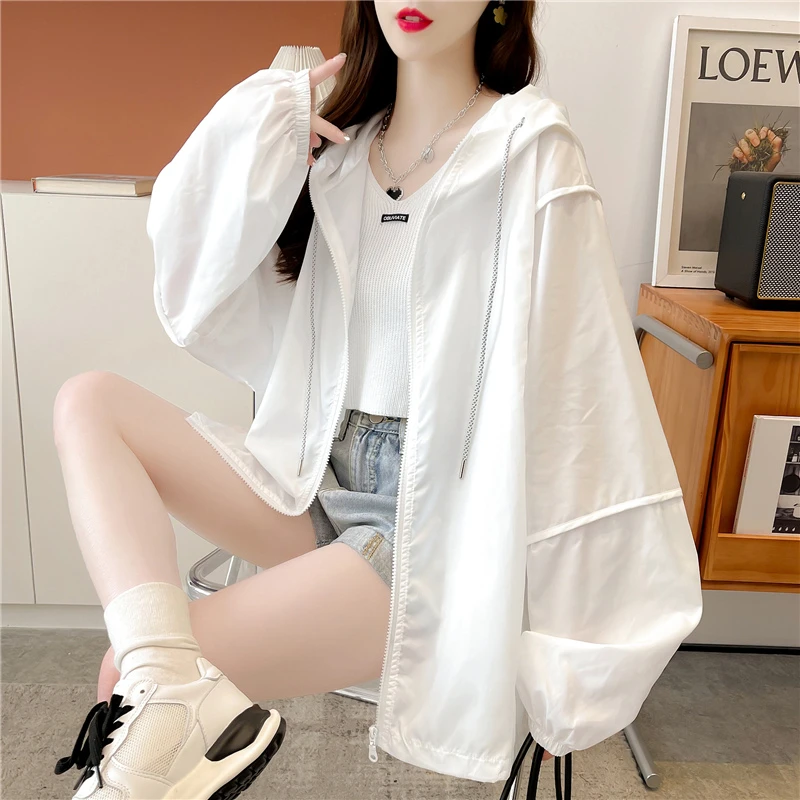中长款纯色连帽防晒衣女外穿夏季薄款宽松大码百搭衬衫防晒服外套
