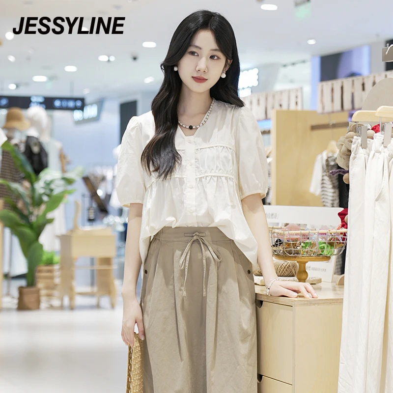 jessyline2025夏季新款杰茜莱百搭v领气质衬衫女复古宽松夏日穿搭