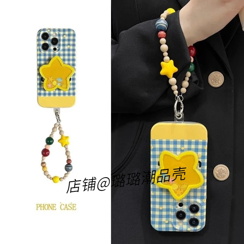 韩系蓝格星星支架适用IPhone16promax手机壳苹果15斜挎挂绳13/14