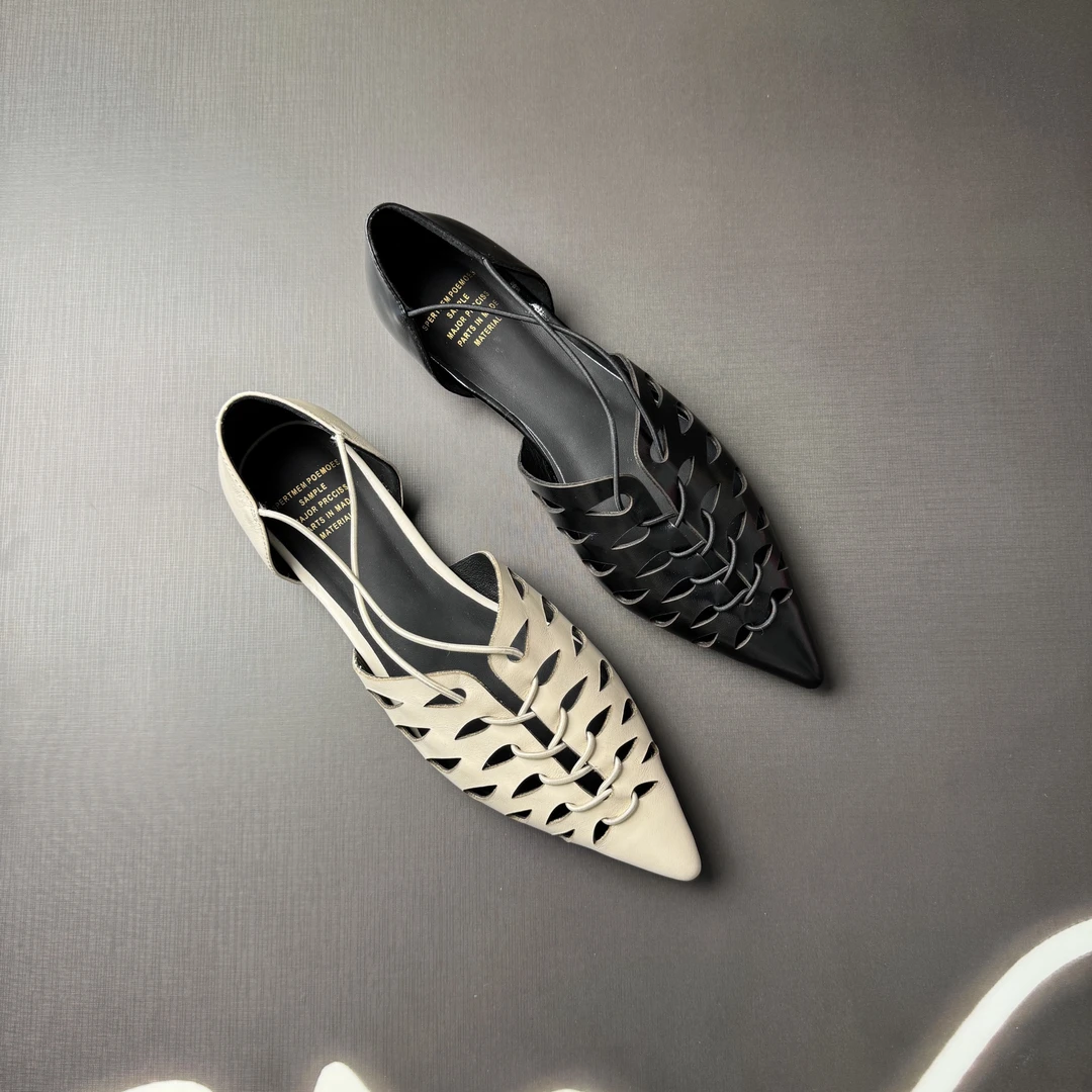 【木子家】2025新款镂空时尚百搭尖头气质单鞋交叉显瘦真皮透气粗跟