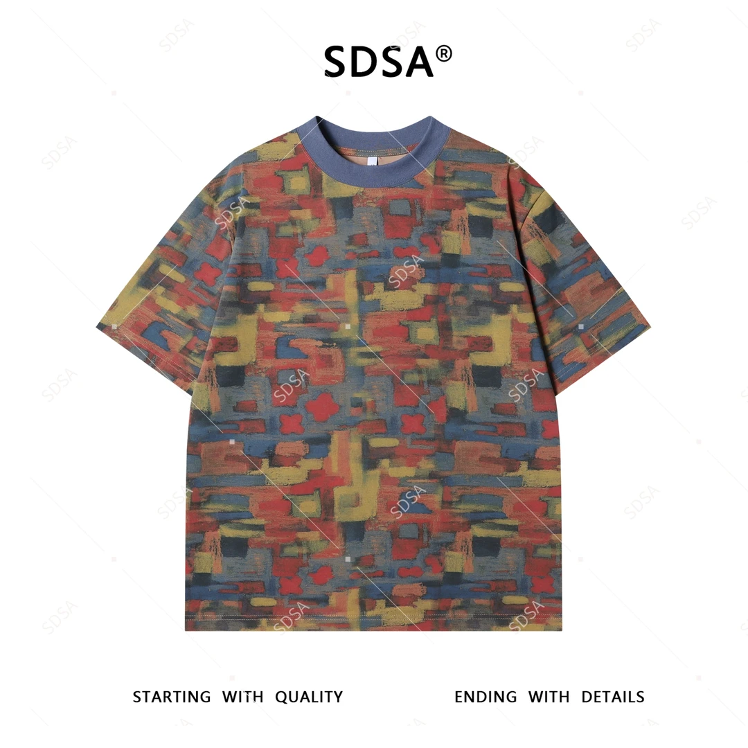SDSA夏季新款男士痞帅潮牌不规则色块设计圆领短袖T恤简约复古