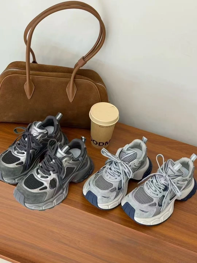 小怪兽运动老爹鞋女2025秋季新款真皮休闲厚底网面百搭旅行跑步鞋
