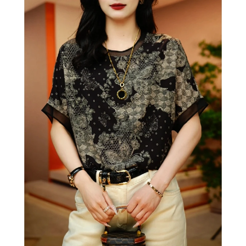 复古繁花-夏季新款高级感洋气时尚百搭显瘦短袖圆领上衣