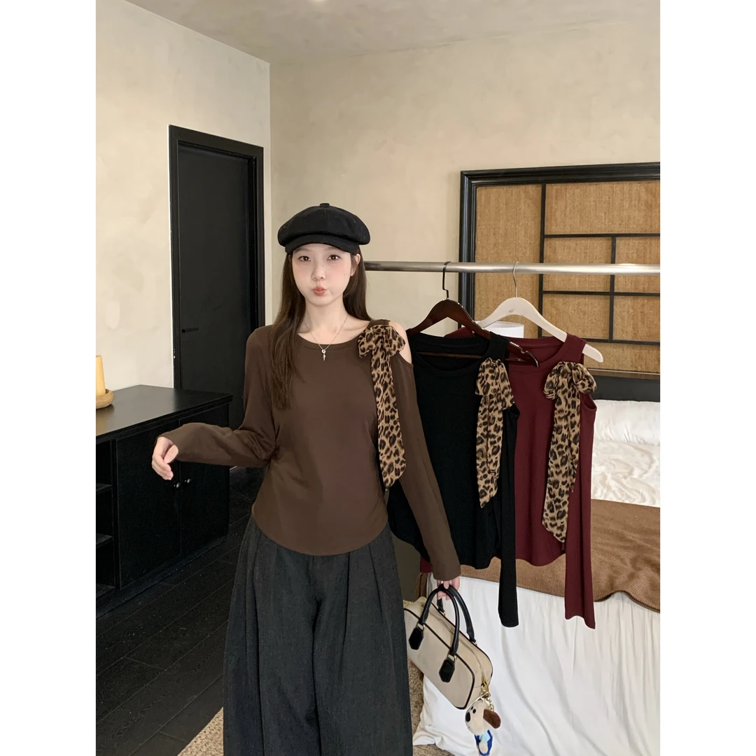 2025秋装新款大码女豹纹蝴蝶结斜肩长袖T恤辣妹纯欲收腰上衣80506