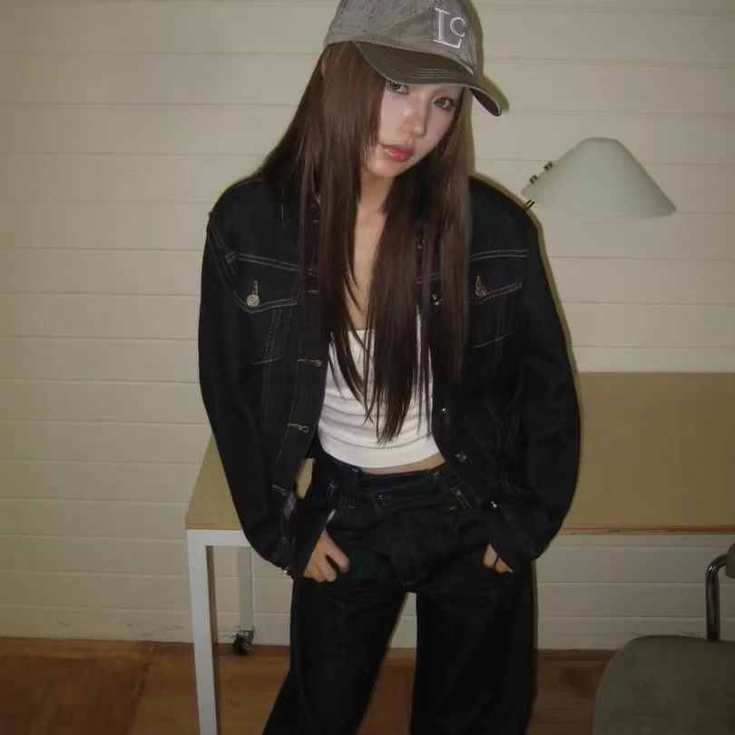 丹宁色秋季新款宽松牛仔外套掐腰修身重工上衣女2258