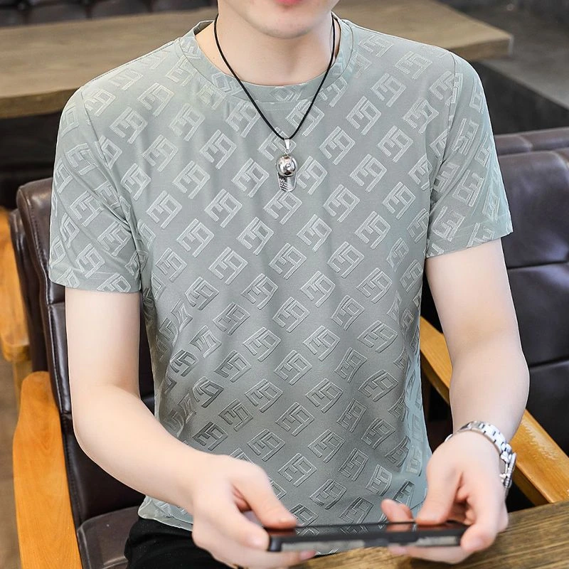 冰丝男短袖T恤夏季修身潮流半袖体恤提花简约青年百搭上衣打底衫