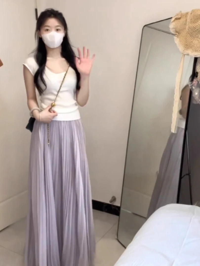 今年流行漂亮夏装搭配一整套盐系轻熟百褶半身裙两件套装夏季女装