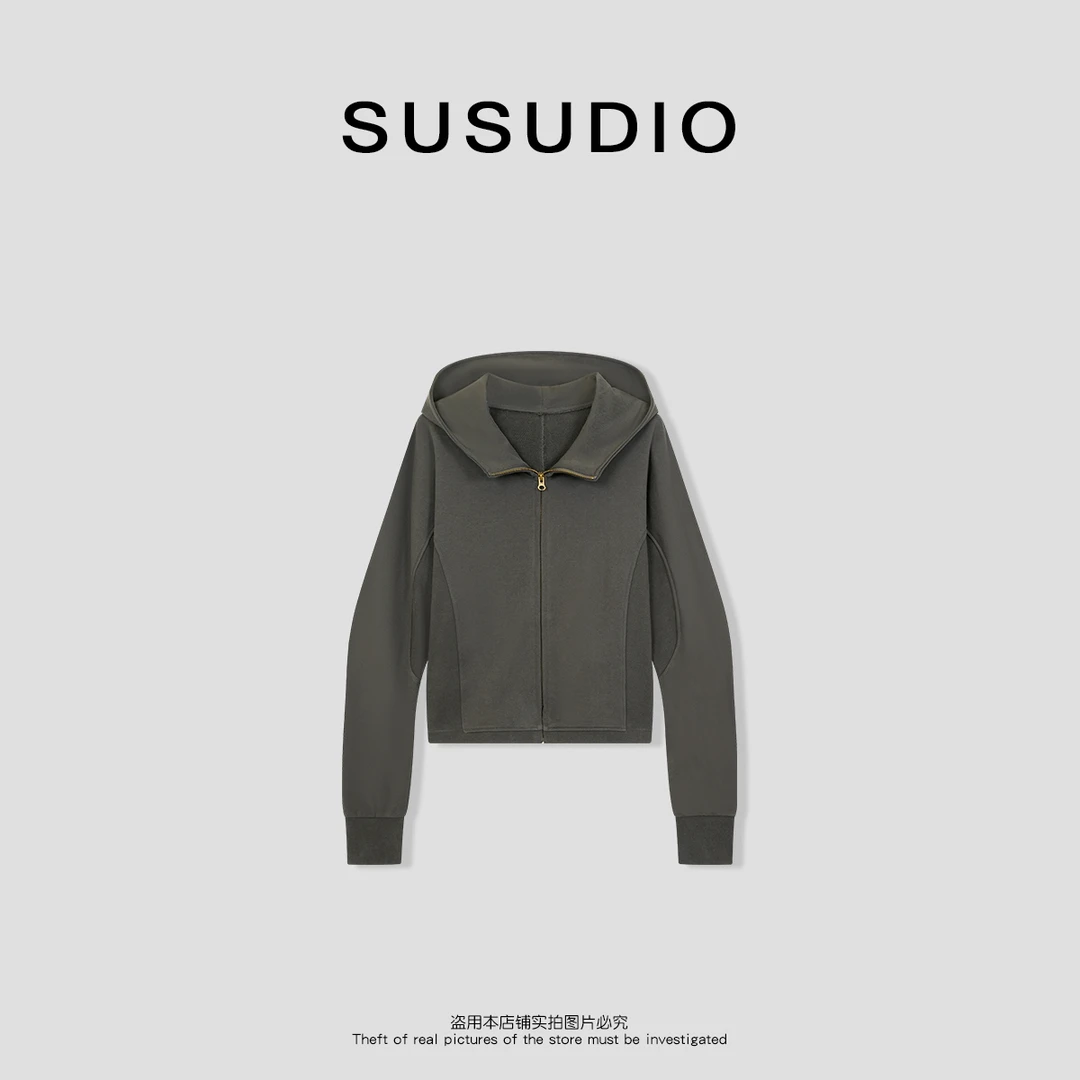 SUSUDIO 设计款螺纹修身蚂蚁腰显瘦刺绣拉链外套70092