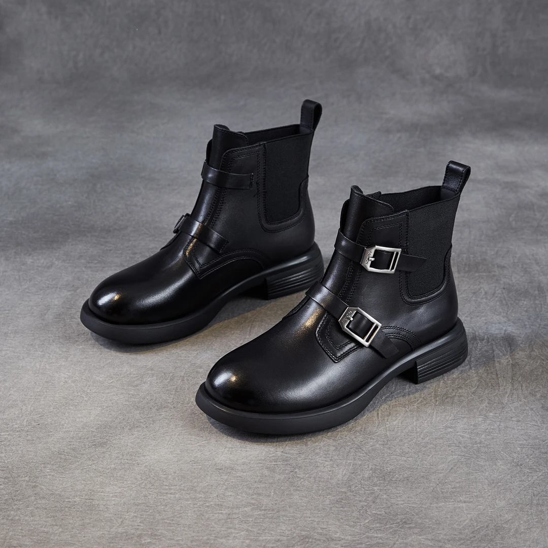 时尚个性切尔西短靴女平底2025新款秋马丁靴防滑真皮英伦皮鞋高帮