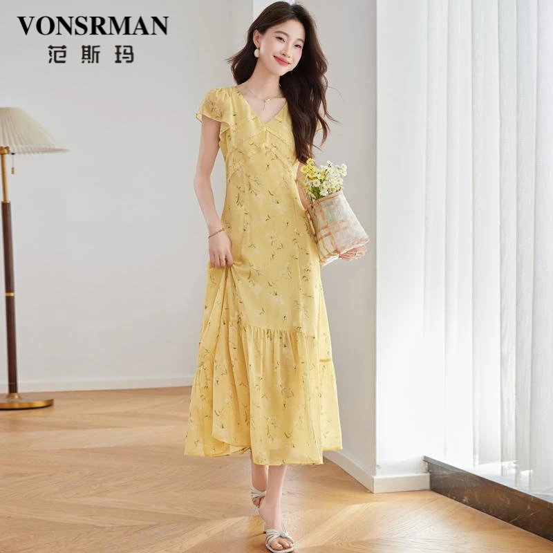 海边度假风碎花连衣裙女夏季2025新款法式气质V领收腰显瘦长裙子