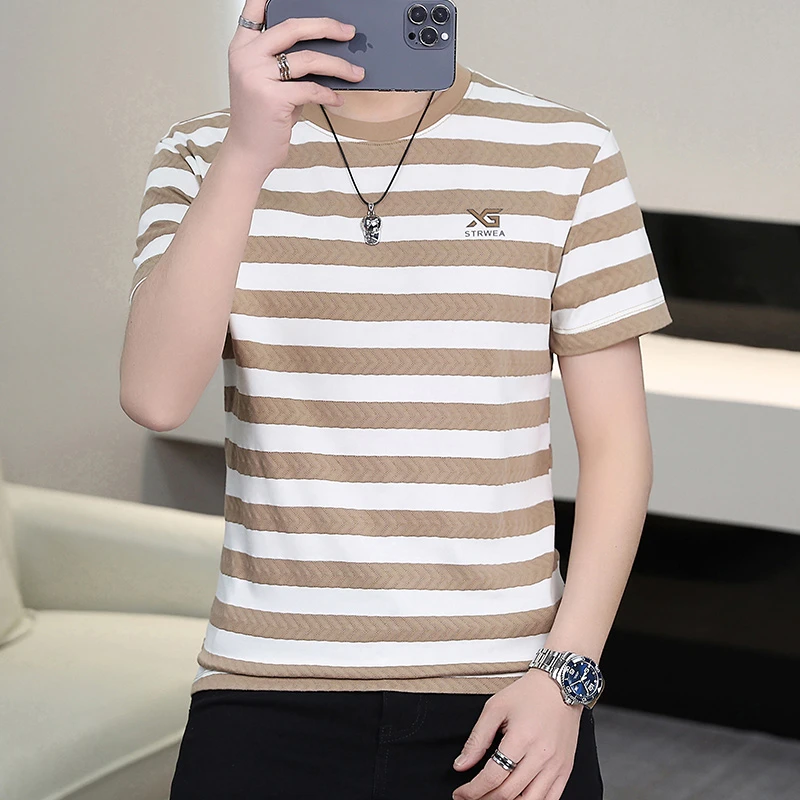 夏季男士华棉条纹扩版宽松T恤撞色青年短袖条纹印花休闲男