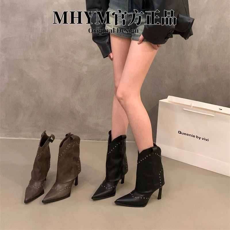 高跟尖头裤管短靴女鞋2025新款春秋单靴V口柳丁咖色西部牛仔靴子