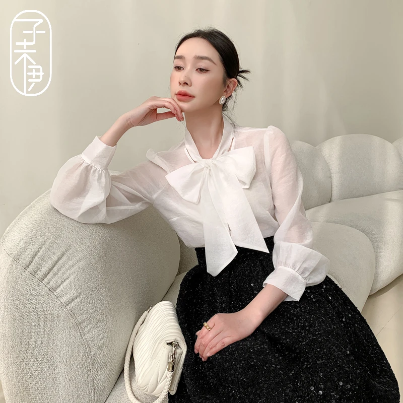 子未伊蝴蝶结长袖衬衫设计感法式温柔春季秋季白色雪纺衫系带