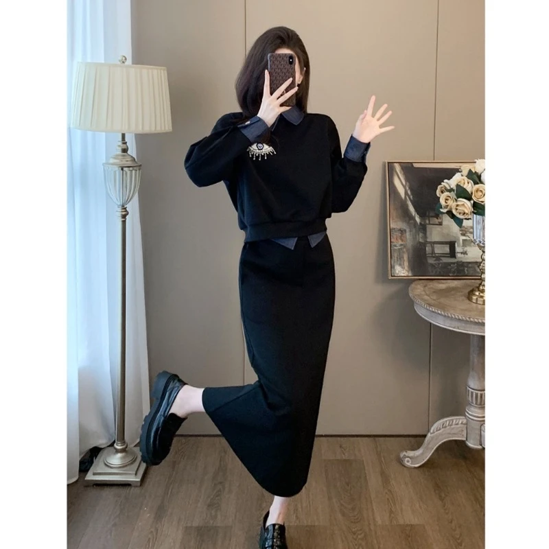 流行漂亮套装裙2024秋季新款欧货爆款假两件卫衣半身裙两件套3100