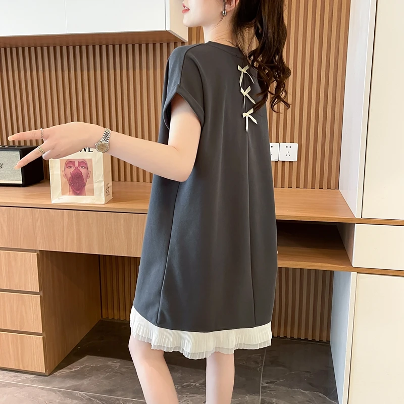 蕾丝拼接连衣裙女夏季新款宽松大码蝴蝶结设计感假两件小众T恤裙