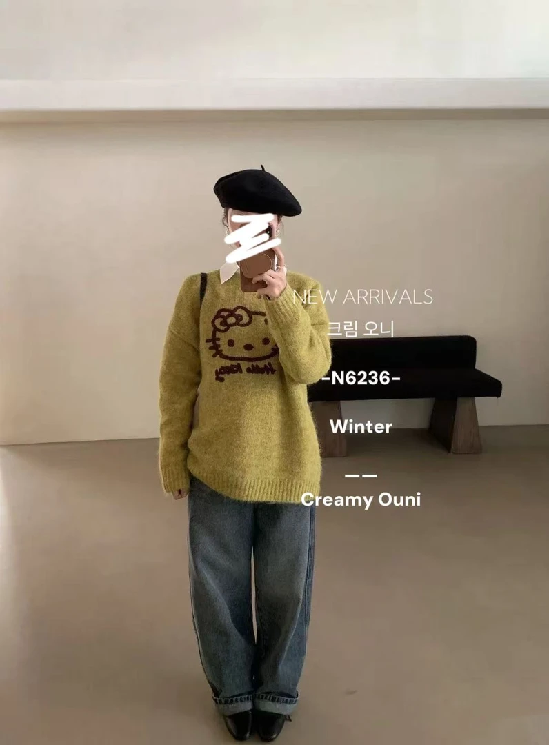 米满满-奶油欧尼（ 6236#）慵懒风套头kitty猫针织毛衣