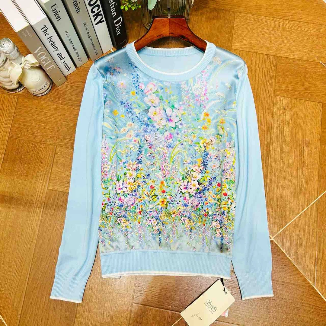 AW 25191【莫奈花园】2025秋桑蚕丝印花拼接绢丝羊毛上衣
