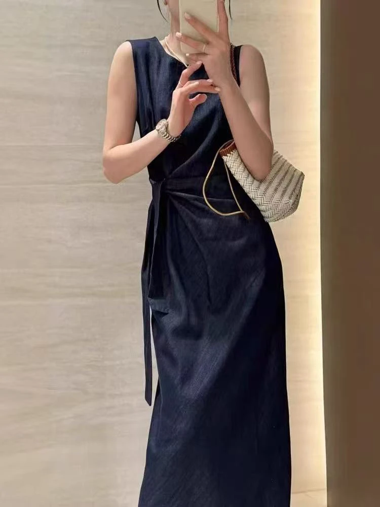 高贵显瘦显白不掉色牛仔无袖背心裙夏季长款气质修身轻奢连衣裙
