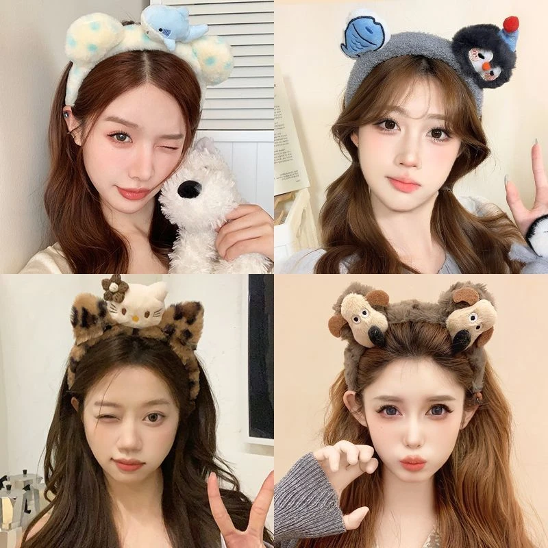 可爱日韩风毛绒波点小熊耳朵鲨鱼发箍秋冬高颅头化妆头饰