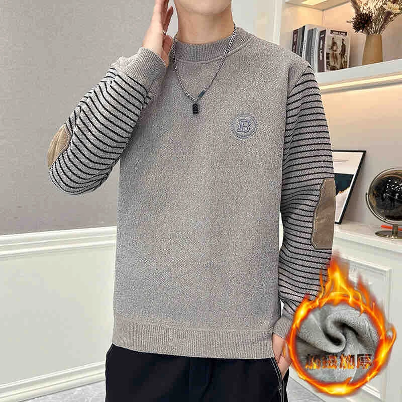 2024年冬季爆款百搭保暖一体绒加绒加厚打底衫袖子条纹款男士