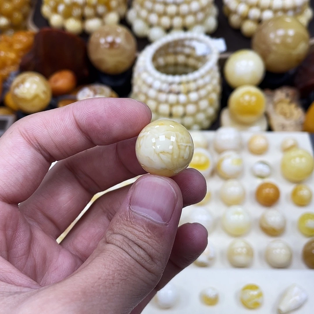 蜜蜡未镶嵌珠宝奇石18.5mm【妖花虎皮石膏黄白】圆珠