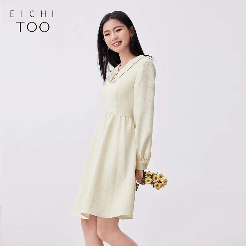 B爱居兔气质长袖连衣裙提花面料翻领盘扣收腰连衣裙EQLCJ1N001A