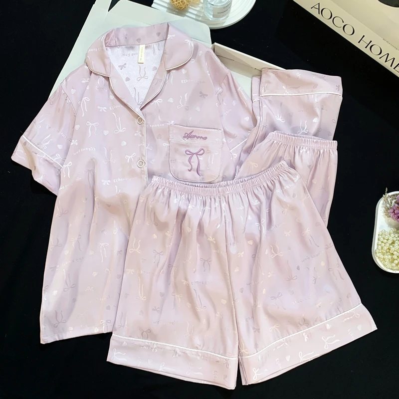 【101-178】短袖带胸垫夏季冰雪丝时尚睡衣女款三件套可外穿家居服