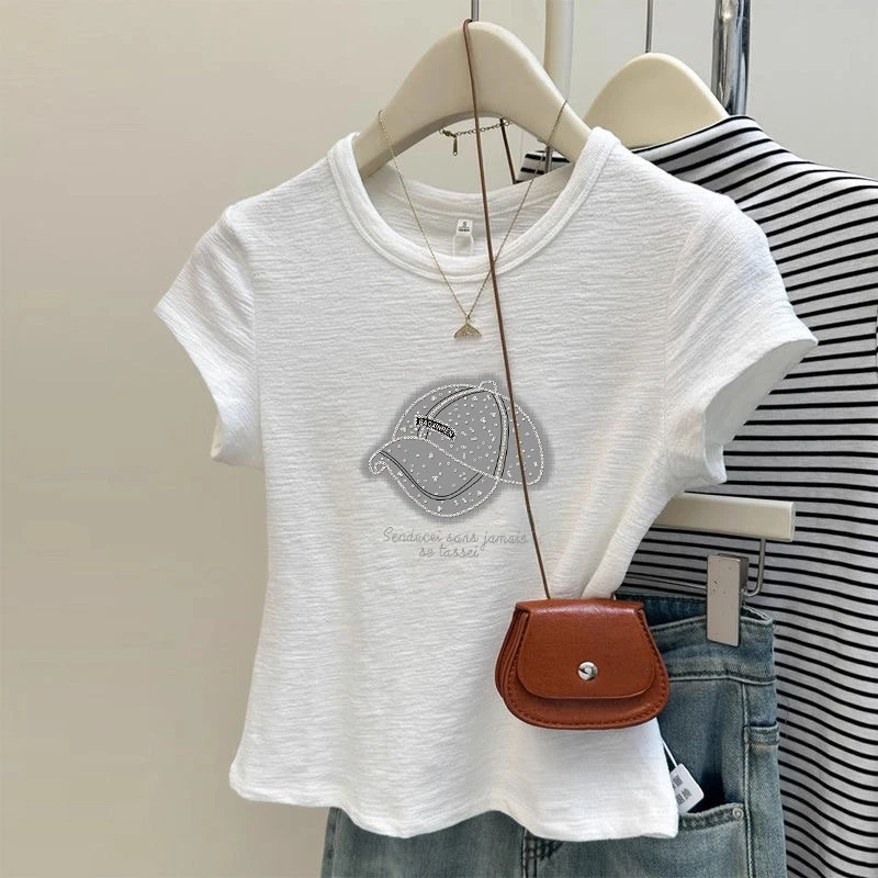 夏季休闲圆领2025新款竹节棉短袖白色T恤女短款洋气百搭薄款上衣