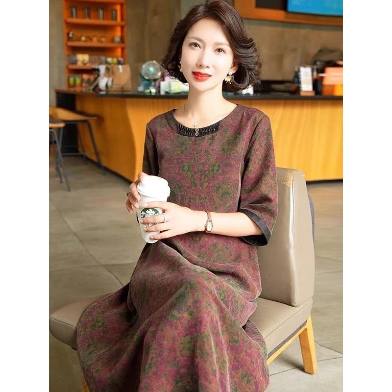 安德耐220斤大码宽松妈妈桑蚕丝裙子夏季时尚印花香云纱真丝连衣