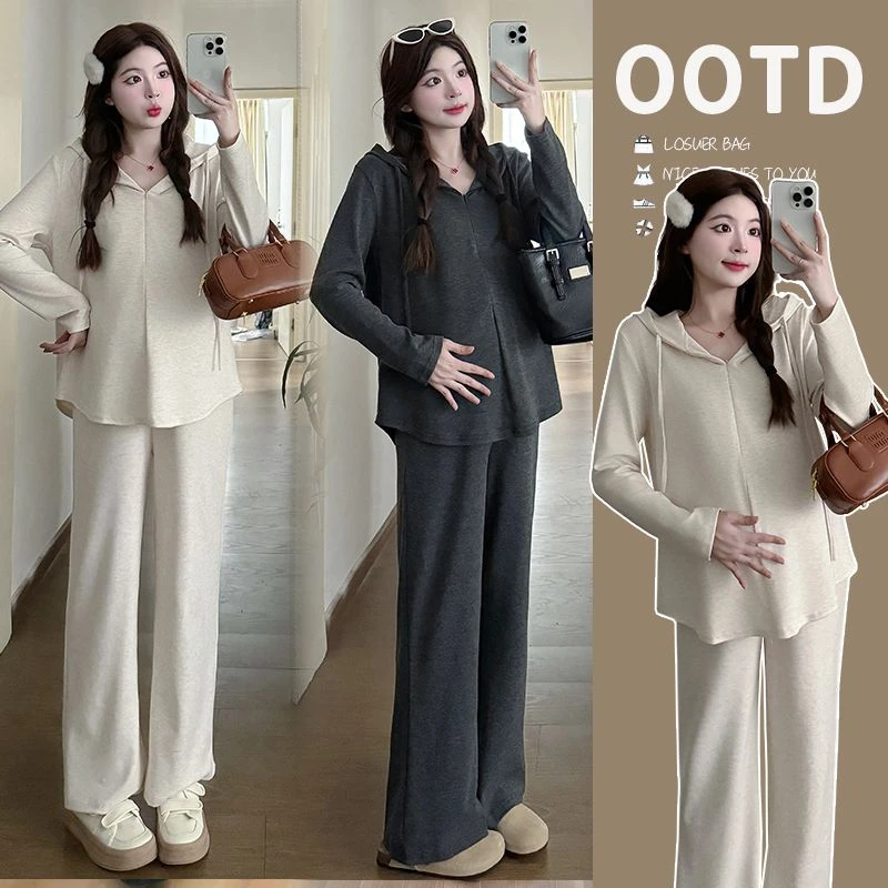 孕妇装新款2025春秋休闲运动慵懒风半拉链连帽上衣+休闲裤套装
