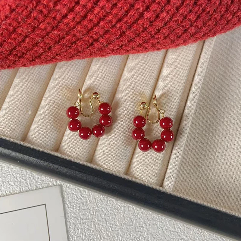 铜合金亚克力耳饰 韩版文艺安可拉红串珠无耳洞耳环蚊香盘耳夹