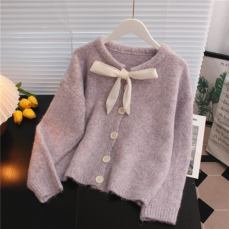 2025年韩系穿搭紫色小香风针织毛衣开衫女秋冬季新款韩版短款外套