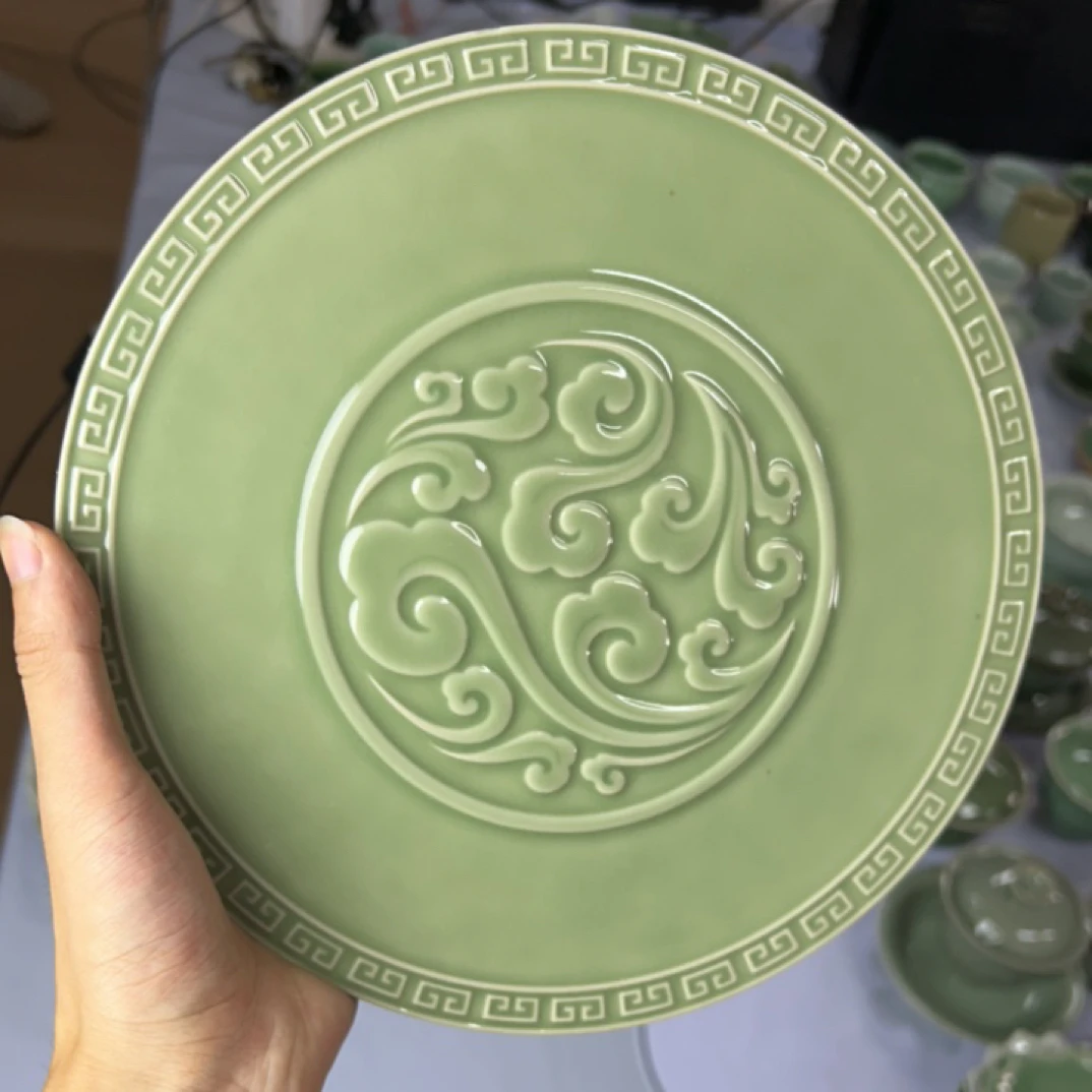 云间青瓷 越窑密色云卷云舒茶盘赏盘23cm