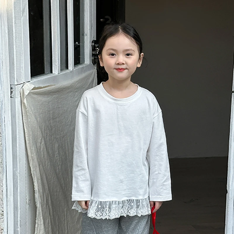 7家童装女童2025春季新款纯色蕾丝拼接韩版长袖T恤女宝百搭宝宝