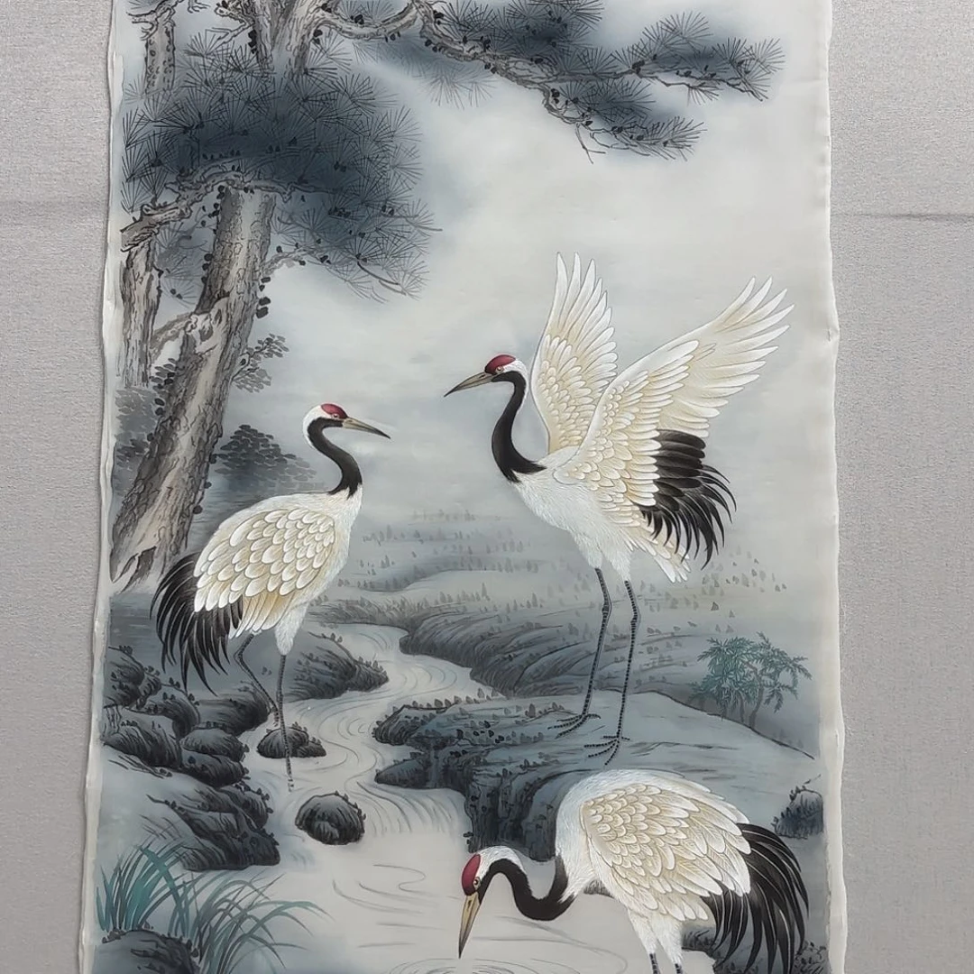 国画绢本工笔松鹤延年贾敏