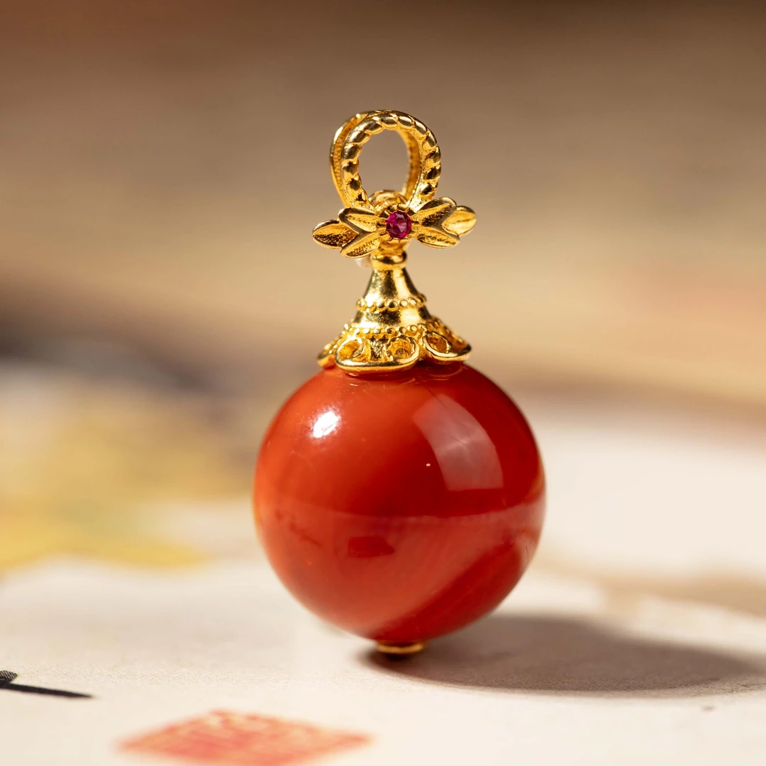 佳言珠宝【破冰专属】S925银南红圆珠吊坠多样性发一B010687