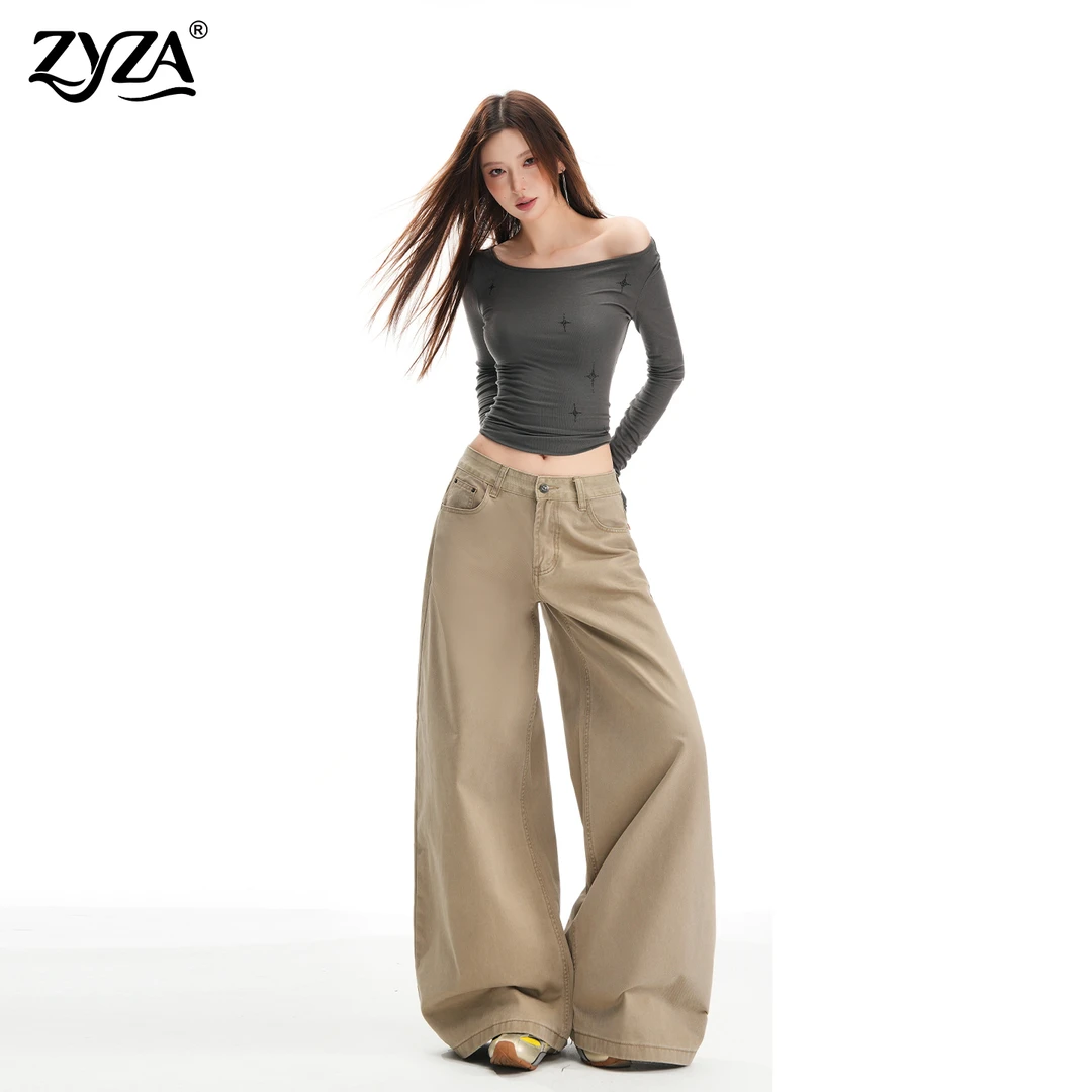 ZYZA卡其色加绒牛仔裤女冬季低腰宽松慵懒复古显瘦直筒裤腿裤子女