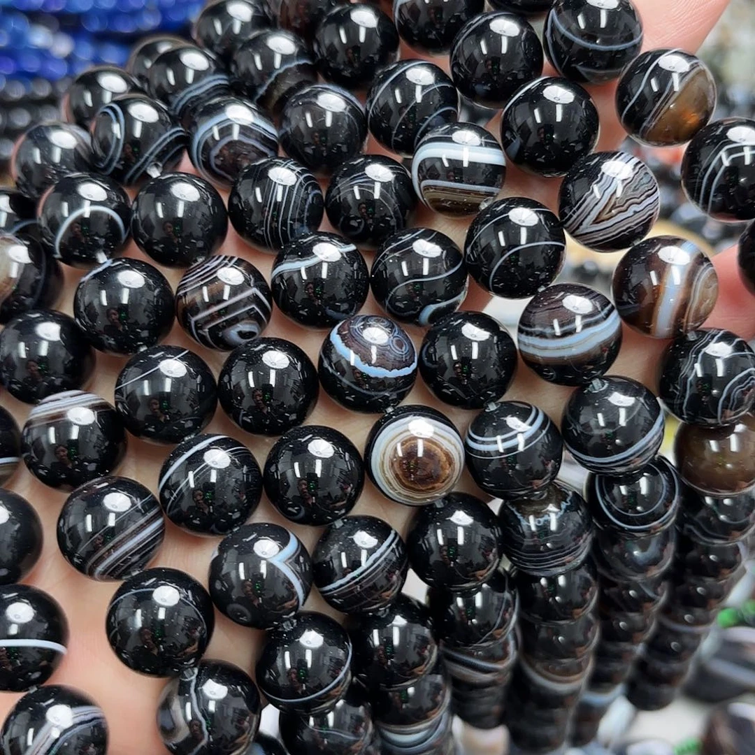 玛瑙/玉髓未镶嵌珠宝半成品卡14黑条纹玛圆珠一条