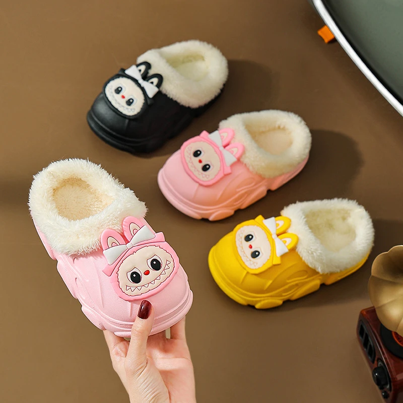 新款拉布冬卡通棉拖可拆洗防水防污防滑儿童保暖毛加绒可爱棉拖鞋