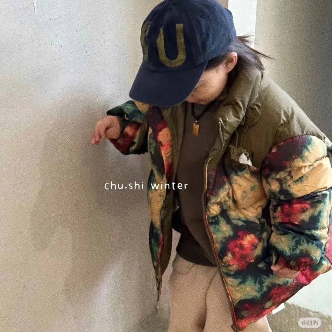 11041冬季中童拼色印花羽绒服TD