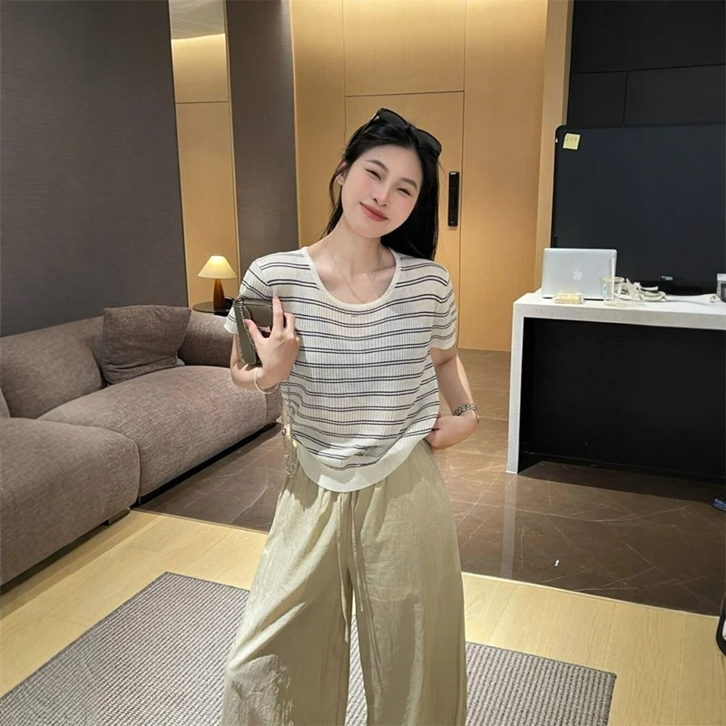 韩系条纹休闲百搭透气薄款短袖针织衫2025夏后背镂空冰丝T恤上衣